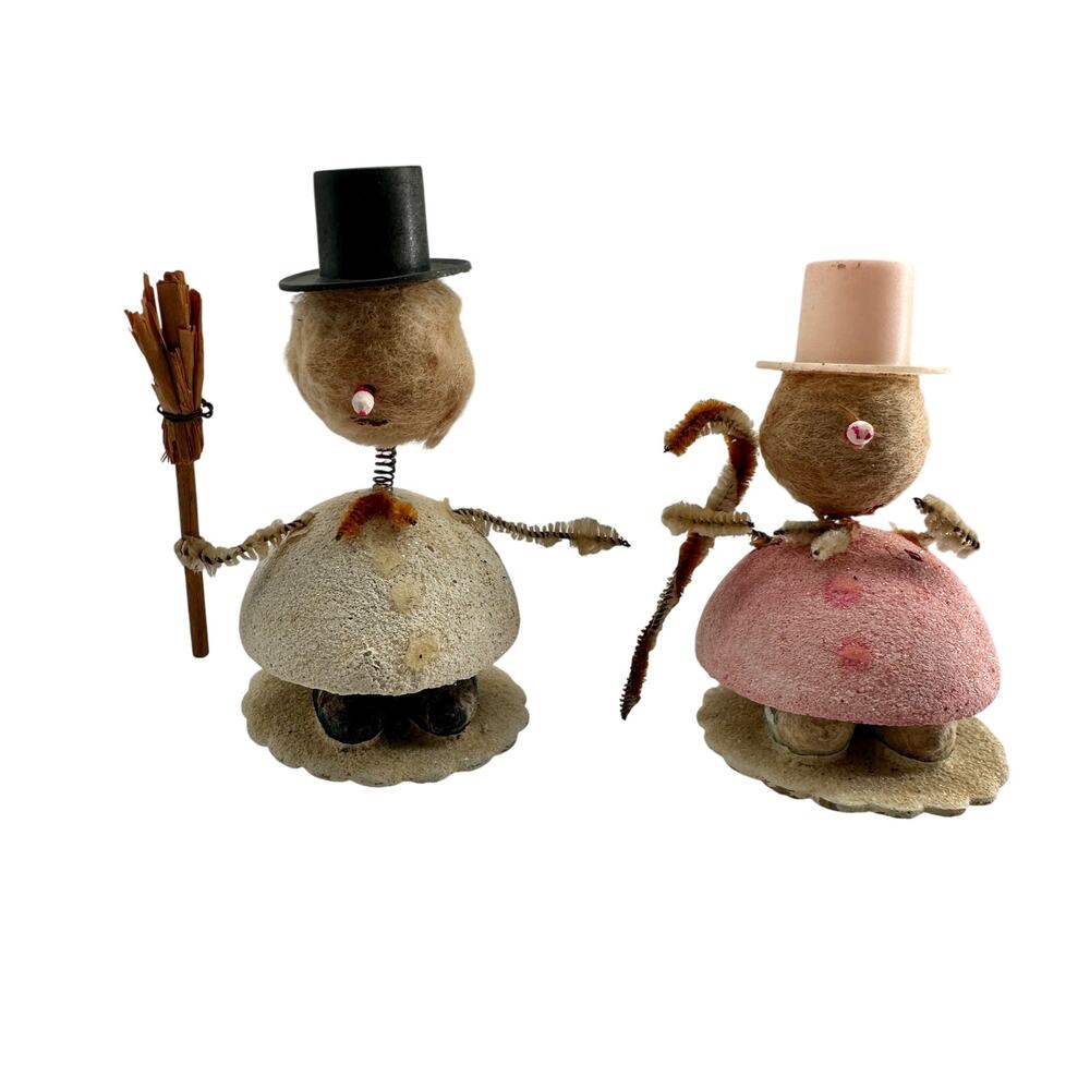 Vintage Japan Spun Cotton Snowman Nodder Pair Chenille Christmas MCM